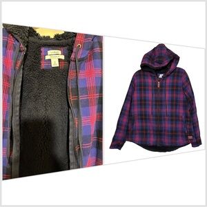 LL Bean Flannel Sherpa Purple Red Black Scotch Plaid Jacket Hoodie Sz M 505453